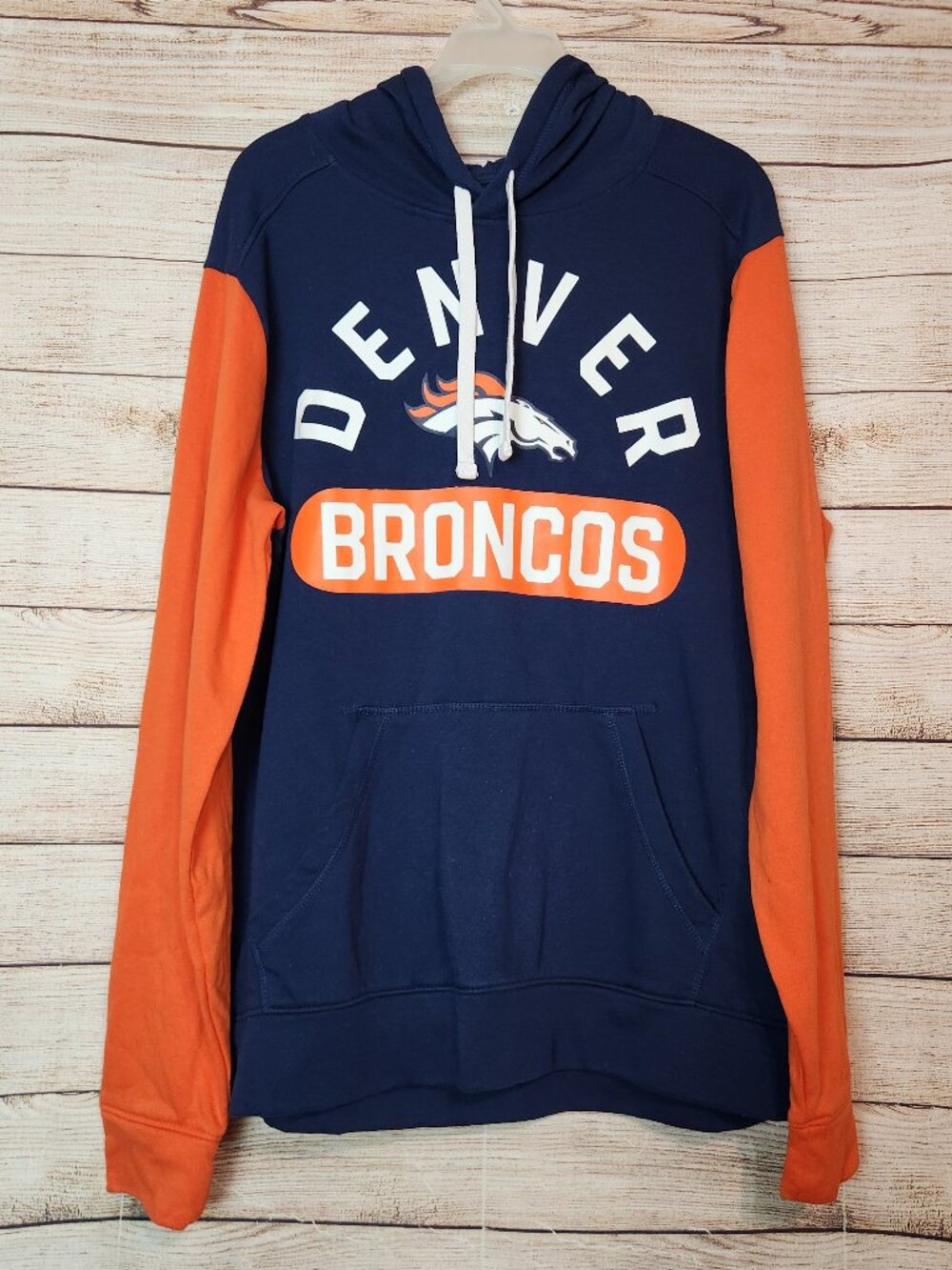Men's Fanatics Denver Broncos Hoodie Navy Blue Orange Size Large Kangaroo Pocket